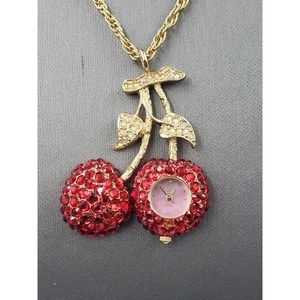 Suzanne Bjontegard Long Cherry Watch Necklace – Unworn Vintage – Red Rhinestones